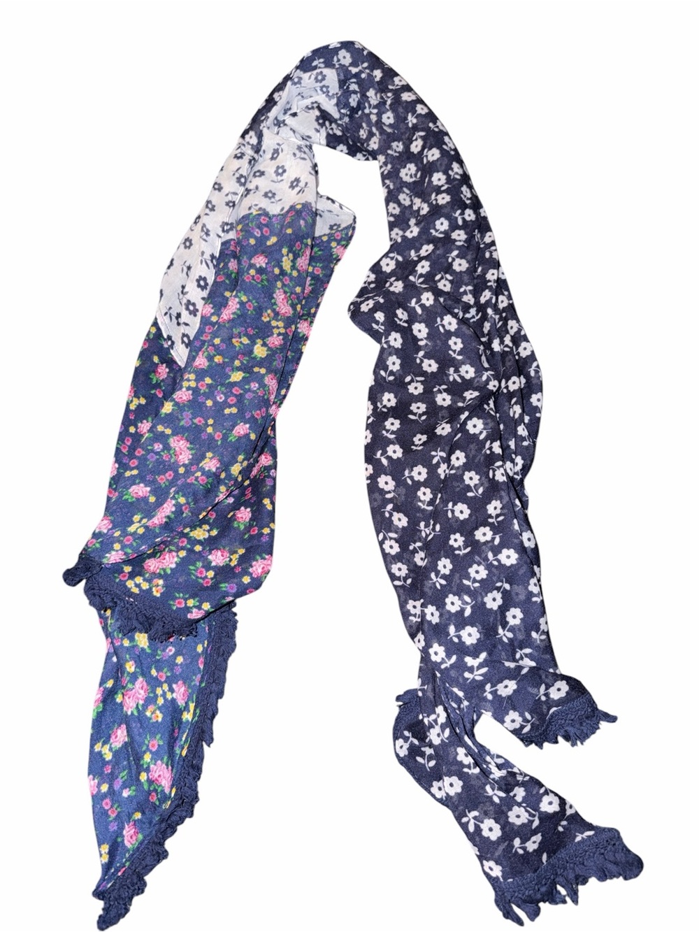 Steve Madden Navy and White Floral Mixed-Print Scarf with Pink Flower Accents